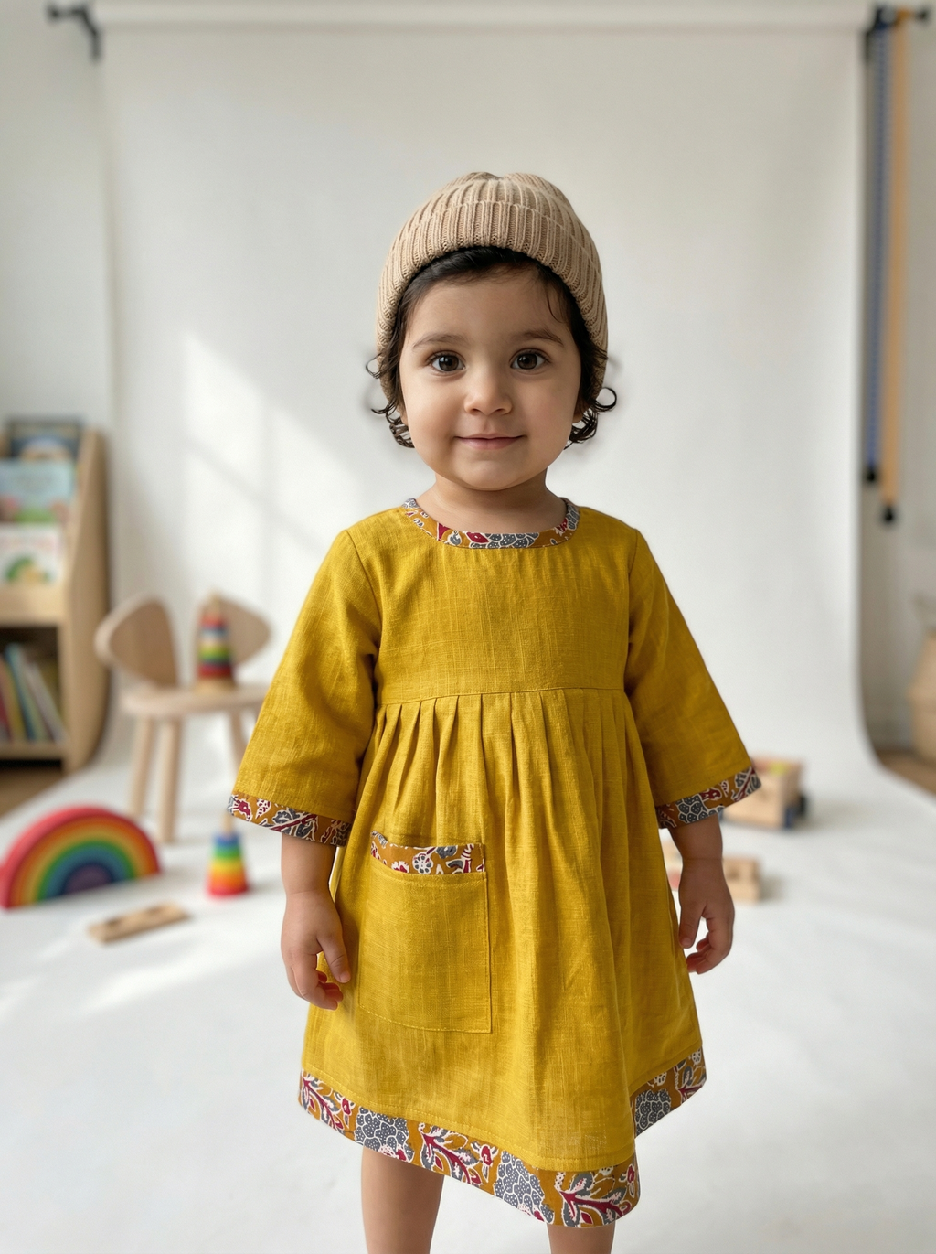 KOSHBERRY Pure Soft Cotton Frock for Baby Girl | 3/4 Bell Sleeves Dress with Single Pocket | Stylish Knee Length Casual Dress for Girls with Astar/Lining