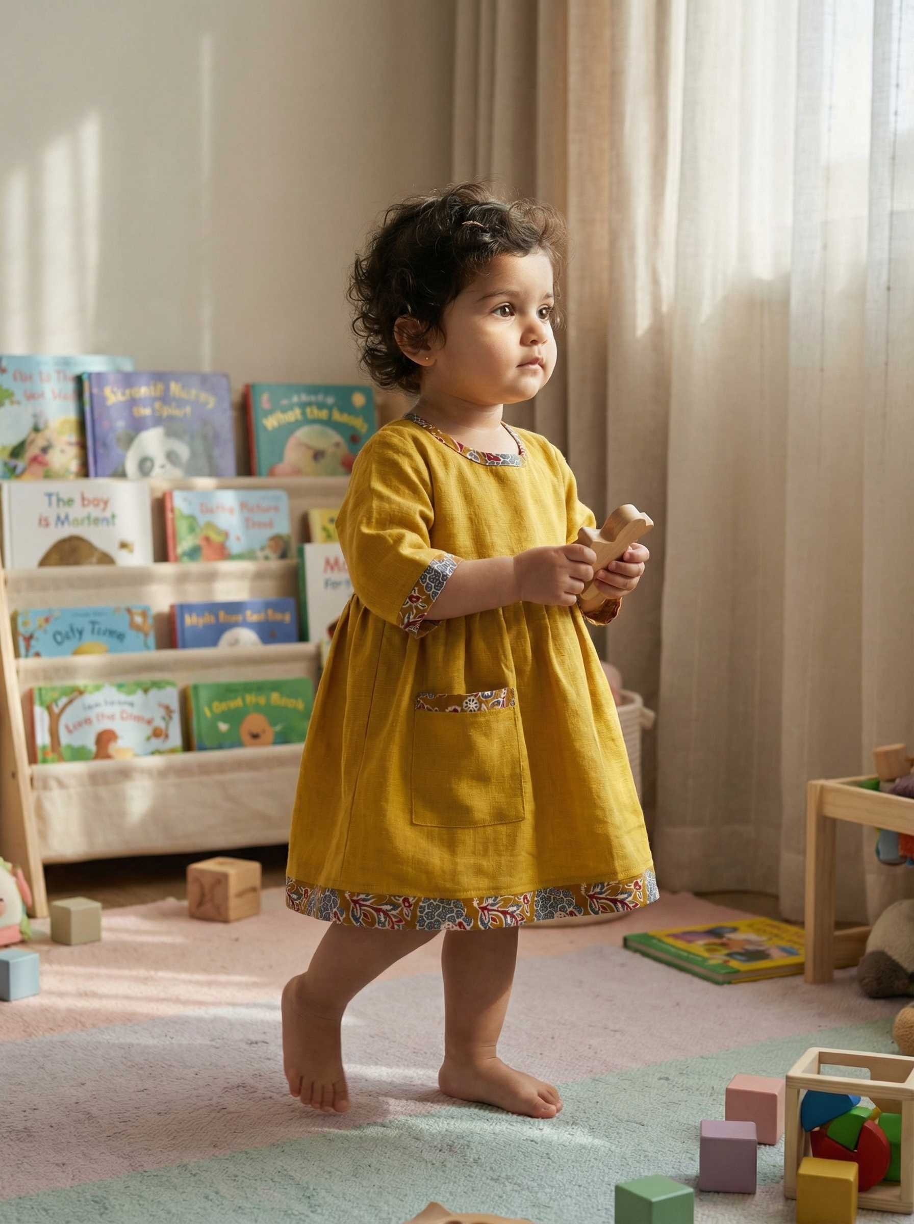 KOSHBERRY Pure Soft Cotton Frock for Baby Girl | 3/4 Bell Sleeves Dress with Single Pocket | Stylish Knee Length Casual Dress for Girls with Astar/Lining
