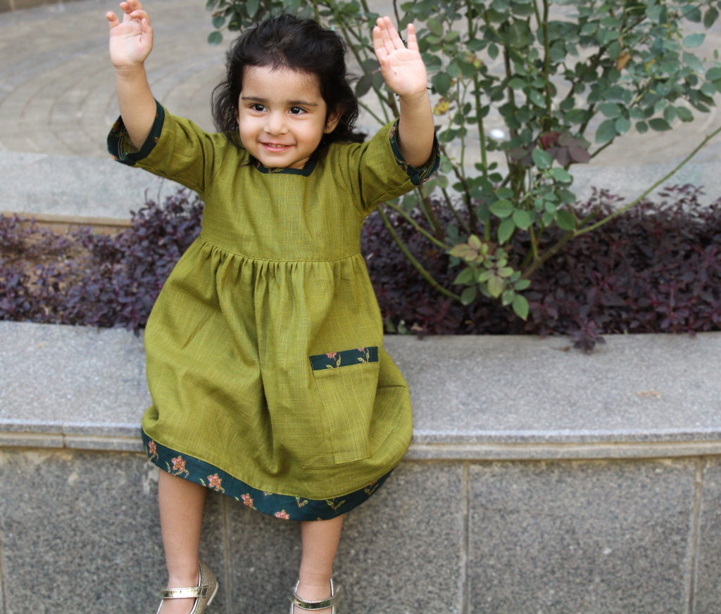KOSHBERRY Pure Soft Cotton Frock for Baby Girl | 3/4 Bell Sleeves Dress with Single Pocket | Stylish Knee Length Casual Dress for Girls with Astar/Lining