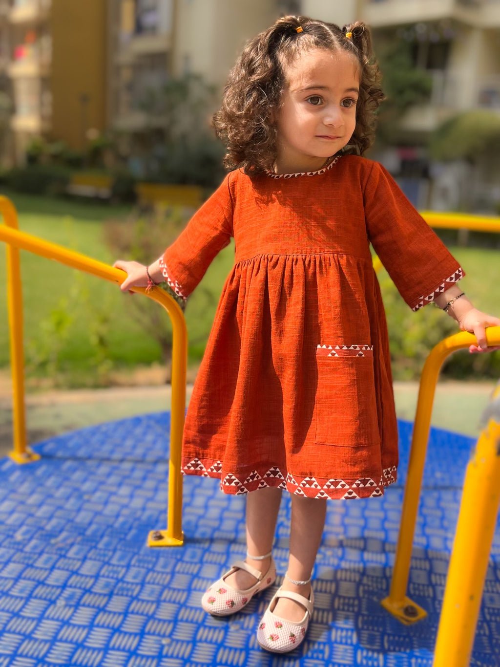 KOSHBERRY Pure Soft Cotton Frock for Baby Girl | 3/4 Bell Sleeves Dress with Single Pocket | Stylish Knee Length Casual Dress for Girls with Astar/Lining
