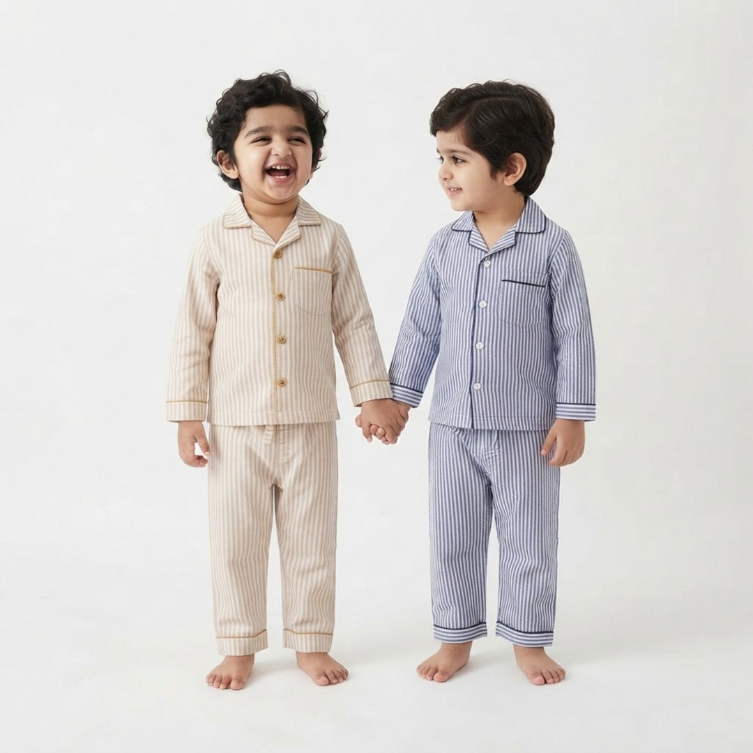 Koshberry cotton stripe night suit combo pack of 2 - brown and navy
