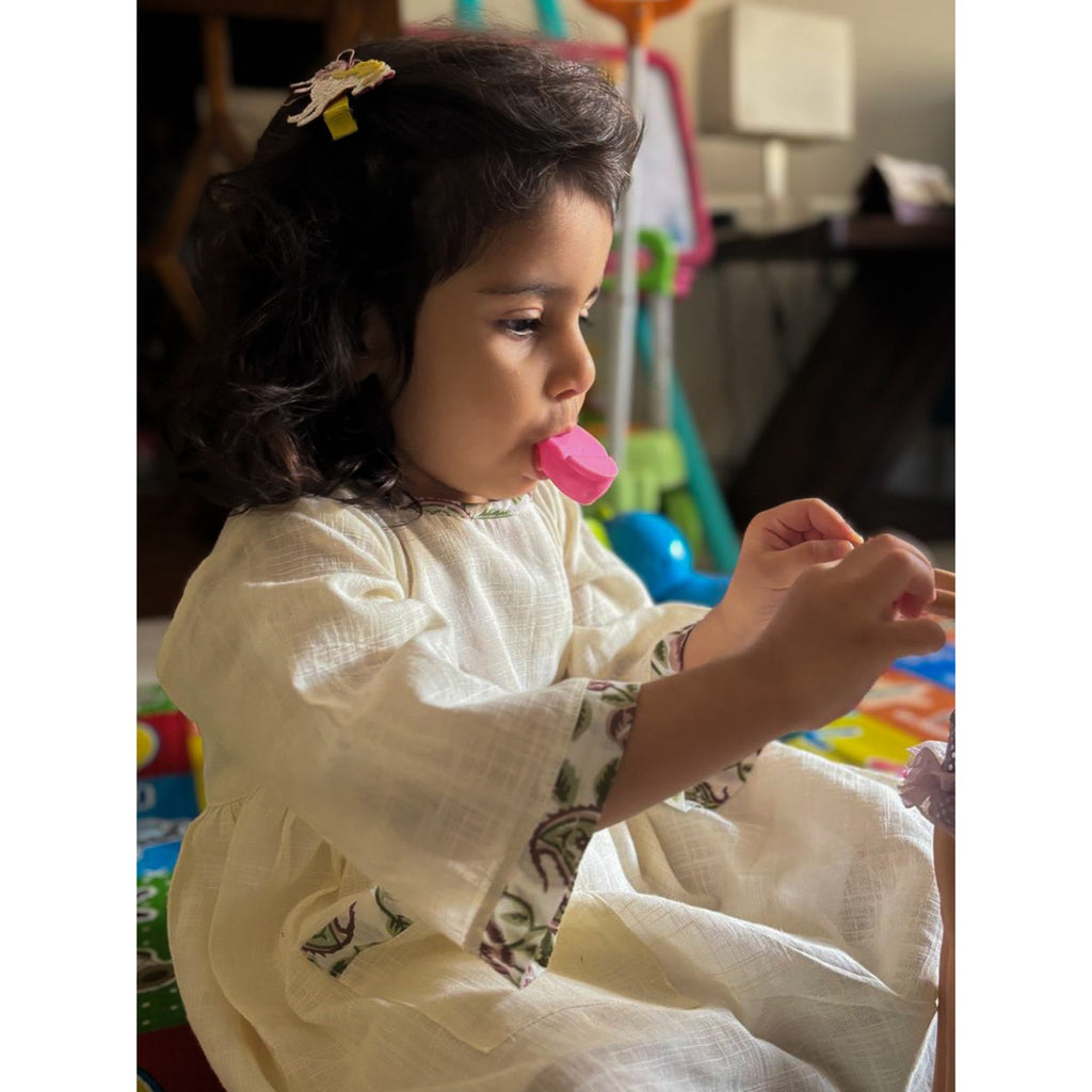 KOSHBERRY Pure Soft Cotton Frock for Baby Girl | 3/4 Bell Sleeves Dress with Single Pocket | Stylish Knee Length Casual Dress for Girls with Astar/Lining